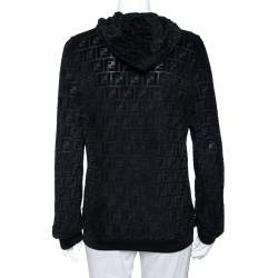 Pre Owned Fendi Black Zucca Monogram Velour Zip Front Hooded Jacket L