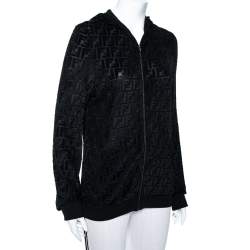 Pre Owned Fendi Black Zucca Monogram Velour Zip Front Hooded Jacket L