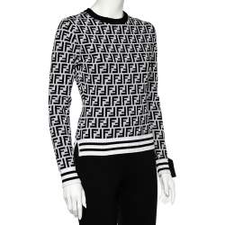 Pre Owned Fendi Monochrome Zucca Monogram Intarsia Knit Crop Top S