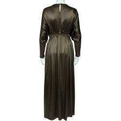 Pre Owned فستان فندي ماكسي فتحة جانبية سموكد حرير أخضر زيتوني مقاس متوسط