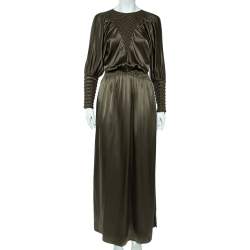Pre Owned فستان فندي ماكسي فتحة جانبية سموكد حرير أخضر زيتوني مقاس متوسط