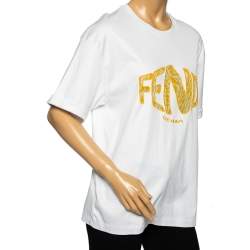 Pre Owned Fendi White Cotton Mesh Fish Eye Logo Inset Short Sleeve T-Shirt M