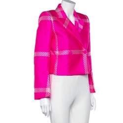 Pre Owned Fendi Fluo Pink Patterned Jacquard Double Breasted Cropped Blazer S