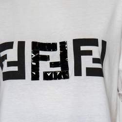 مملوكة مسبقًا Fendi White Cotton Embellished Logo Detail High-Low Hem Oversized T-Shirt S