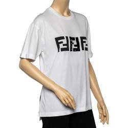 مملوكة مسبقًا Fendi White Cotton Embellished Logo Detail High-Low Hem Oversized T-Shirt S