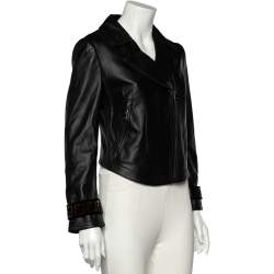 Pre Owned Fendi Black Leather Zucca Velvet Trim Biker Jacket S