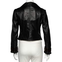 Pre Owned Fendi Black Leather Zucca Velvet Trim Biker Jacket S
