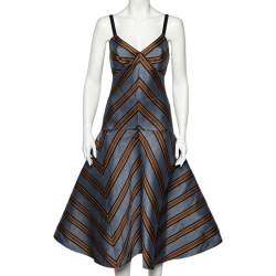Pre Owned Fendi Blue Striped Silk Blend Cape Detail Midi Dress S