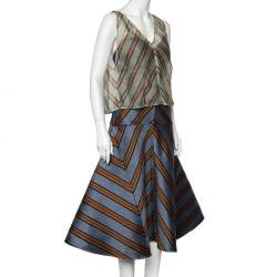 Pre Owned Fendi Blue Striped Silk Blend Cape Detail Midi Dress S