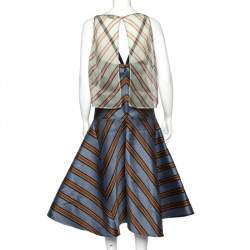 Pre Owned Fendi Blue Striped Silk Blend Cape Detail Midi Dress S