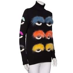 Pre Owned Fendi Black Wool & Fur Trimmed Monster Eye Turtle Neck Sweater S