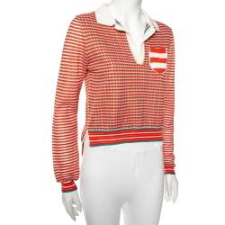 Pre Owned Fendi Orange Silk Knit Cropped Polo Top M