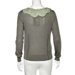 Pre Owned Fendi Green Wool & Silk Ruffle Neck Cardigan L