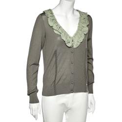 Pre Owned Fendi Green Wool & Silk Ruffle Neck Cardigan L