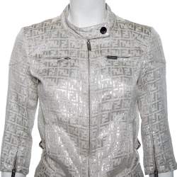 Pre Owned Fendi Beige Linen Lurex Logo Monogram Zip Front Jacket S