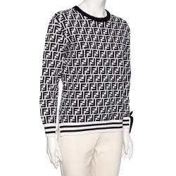 Pre Owned Fendi Monochrome Zucca Monogram Jacquard Knit Ribbon Detailed Pullover L