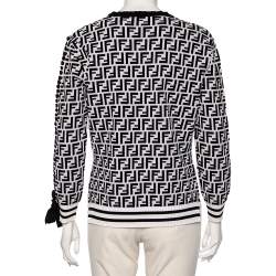 Pre Owned Fendi Monochrome Zucca Monogram Jacquard Knit Ribbon Detailed Pullover L