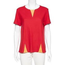 Fendi Red Wool & Leather Inset Detailed Short Sleeve Top S 