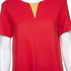 Pre Owned Fendi Red Wool & Leather Inset Detailed Short Sleeve Top S 
