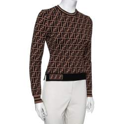 Pre Owned Fendi Brown Brown Zucca Monogram Jacquard Long Sleeve Jumper S
