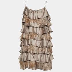 Fendi Vintage Beige Silk & Ostrich Feather Ruffle Tiered Cocktail Dress S