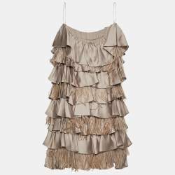 Fendi Vintage Beige Silk & Ostrich Feather Ruffle Tiered Cocktail Dress S