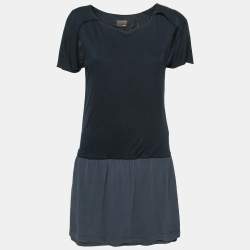 Pre Owned Fendi Navy Blue Jersey & Silk Cut-Out Sleeve Detailed Dress S