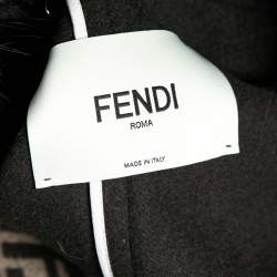 Fendi Black and Brown Logo Print Wool Fur Trim Coat XS