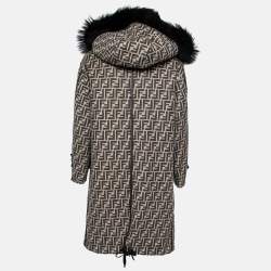 Fendi Black and Brown Logo Print Wool Fur Trim Coat XS