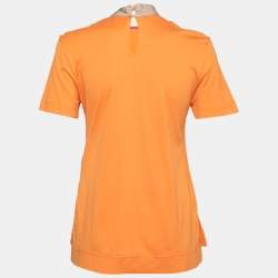 Pre Owned Fendi Orange Cotton Floral Embroidered Applique Detail Short Sleeve T-Shirt S 