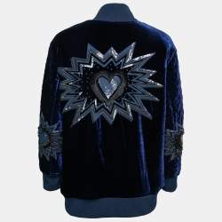 Pre Owned Fendi Blue Velvet Heart Embroidered Bomber Jacket S