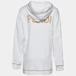 Pre Owned Fendi White Cotton Logo Detail Zip Up Hoodie L