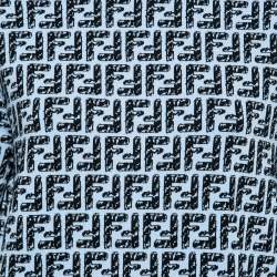 Pre Owned Fendi Blue Embroidered Logo Pattern Knit Short Sleeve Top L 