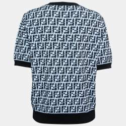 Pre Owned Fendi Blue Embroidered Logo Pattern Knit Short Sleeve Top L 