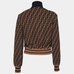 Pre Owned Fendi Brown Logo Monogram Knit Mink Detail Bomber Jacket S