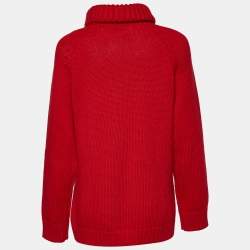 Pre Owned Fendi Red Intarsia Logo Fleece Wool Turtle Neck Sweater S