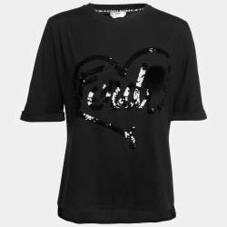 Pre Owned Fendi Black Cotton Sequin Logo Embellished Short Sleeve T-Shirt M