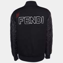 Pre Owned Fendi Karlito Black Logo Applique Detail Quilted Down Bomber Jacket S