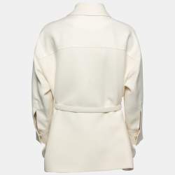 Pre Owned Fendi Cream Wool & Silk Belted Leather Pocket Jacket S