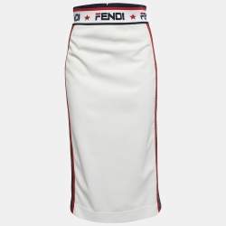 Fendi White Jersey Zucca Motif Stripe Detail Midi Pencil Skirt M