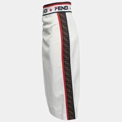 Fendi White Jersey Zucca Motif Stripe Detail Midi Pencil Skirt M