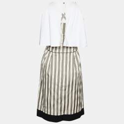 Pre Owned Fendi Cream & Green Striped Cotton Silk Overlay Detail Mini Dress S