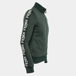 Pre Owned Fendi Dark Green Cotton Knit Logo Band Detail Zip-Up Jacket M