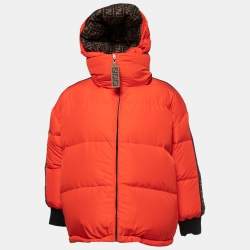 Pre Owned Fendi Orange/Brown Zucca Monogram Quilted Synthetic Reversible Down Jacket S