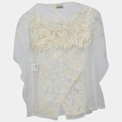 Fendi Cream Patterned Tulle Cape Sleeve Top M