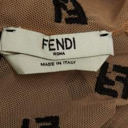 Pre Owned Fendi Brown Tulle Logo Embroidered High Neck Sheer Bodysuit XS