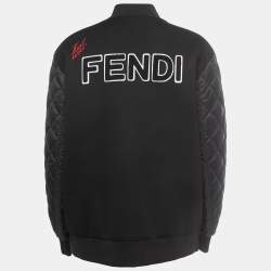 Pre Owned Fendi Karlito Black Logo Applique Detail Quilted Down Bomber Jacket M