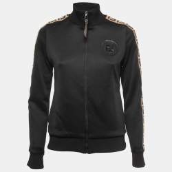 Pre Owned Fendi Black Jersey Logo Stripe Detail Zip-Up Jacket S