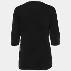 Pre Owned Fendi Black Patterned Wool Fur Detailed Crew Neck Sweater M