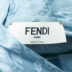 Pre Owned Fendi Light Blue Logo Patterned Silk Neck Tie Detail Double Cuff Shirt Blouse S